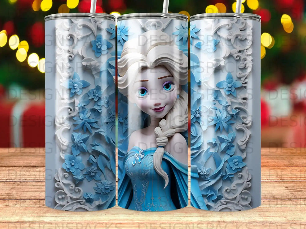 Elsa from Frozen in a blue dress surrounded by blue flowers and snowflakes.