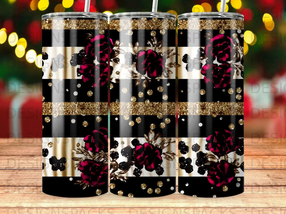 Dark red roses on black and gold striped tumbler with glitter.