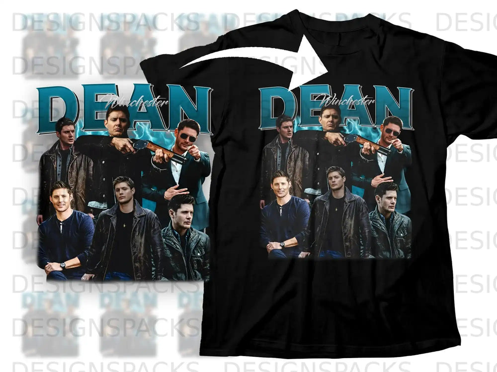Supernatural Dean Winchester collage on a black t-shirt.