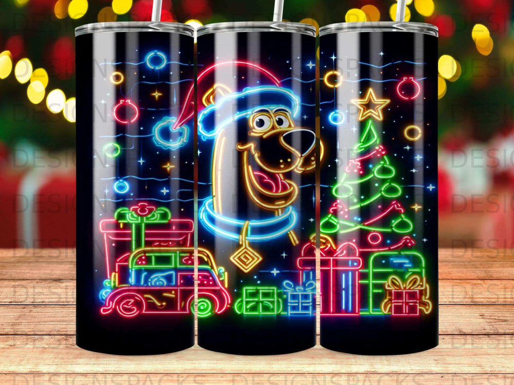 Scooby-Doo in a Santa hat with a neon Christmas tree and presents.