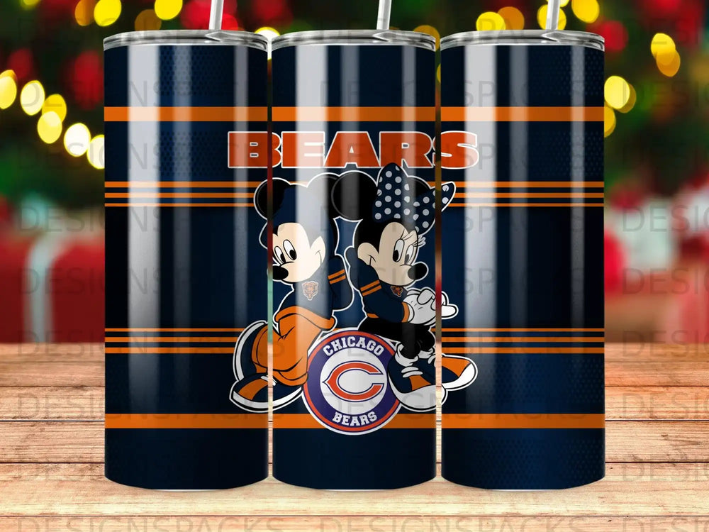Mickey and Minnie Mouse in Chicago Bears uniforms with team logo.