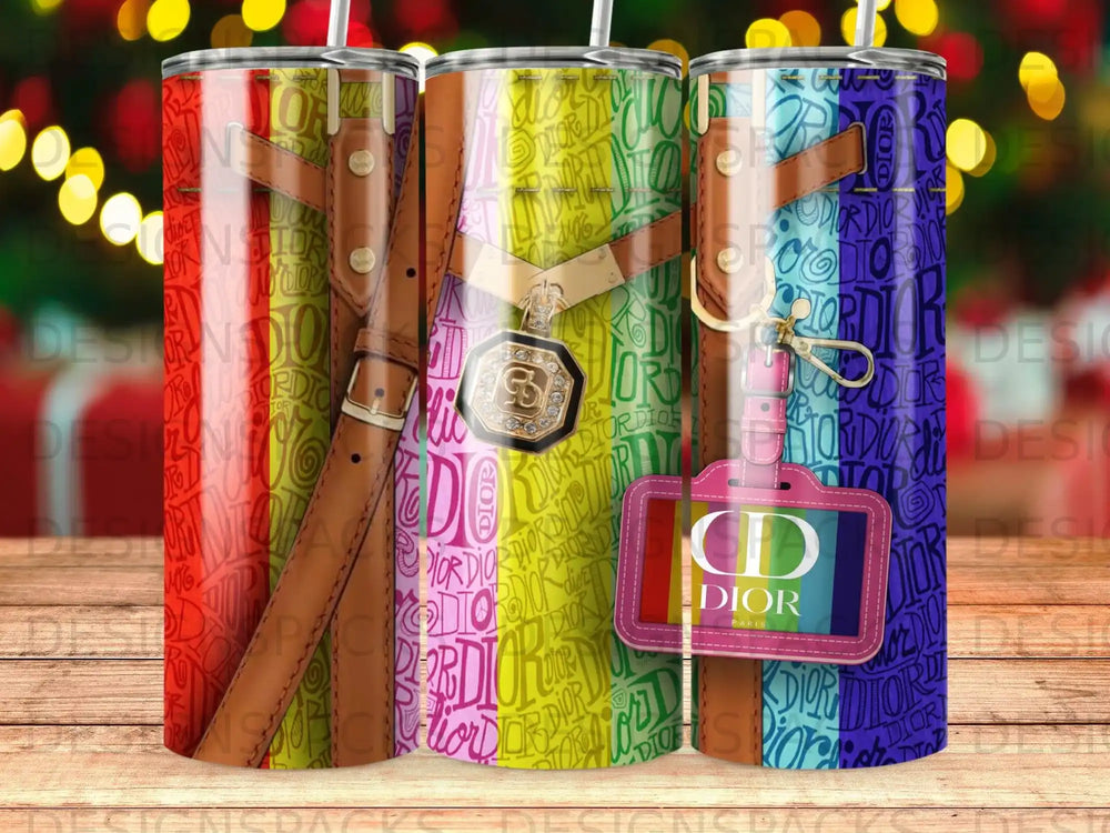 Dior logo and pattern on three tumblers, one with a hang tag.