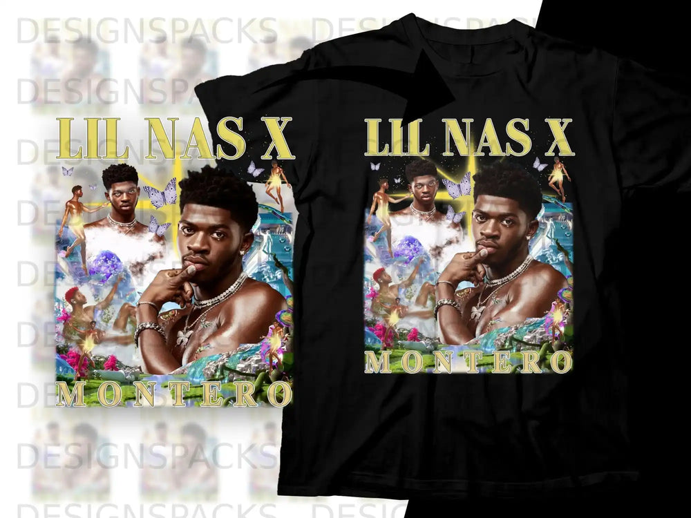 Lil Nas X Montero t-shirt design with colorful artwork and portrait.