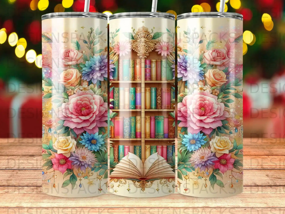 Open book with floral and bookshelf design on three tumblers.
