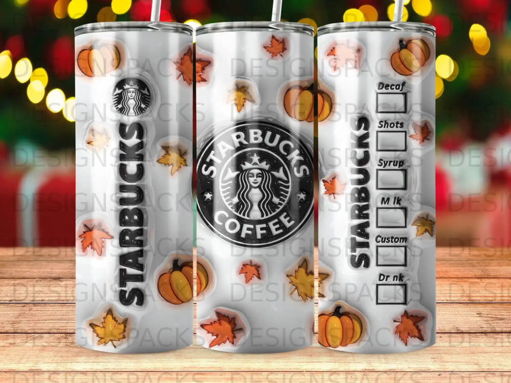 Starbucks tumbler with coffee order details and fall leaf motifs.