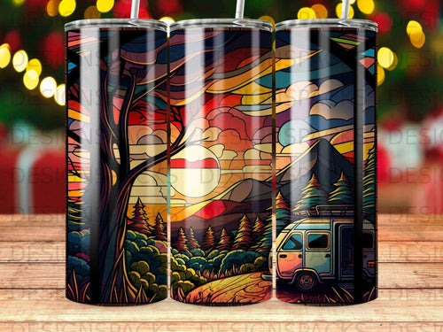 Van life scene with mountains, trees, and sunset on a tumbler.