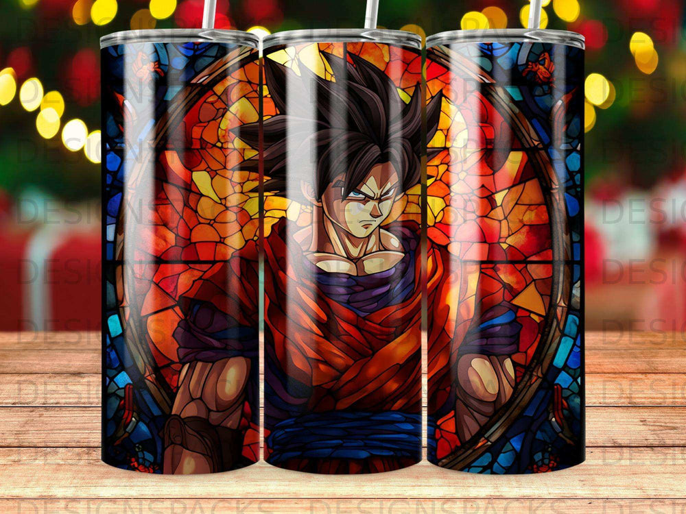 Goku stained glass design on a tumbler with blurred bokeh lights.