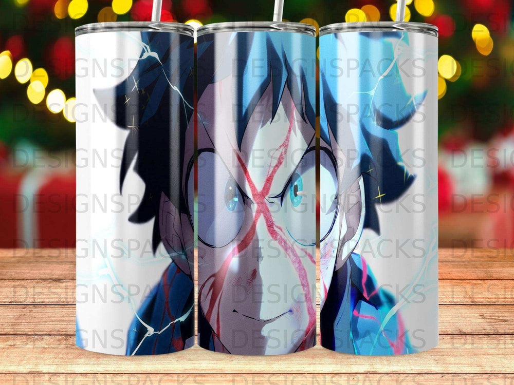 My Hero Academia character Deku on a tumbler with abstract blue, red, and yellow streaks.