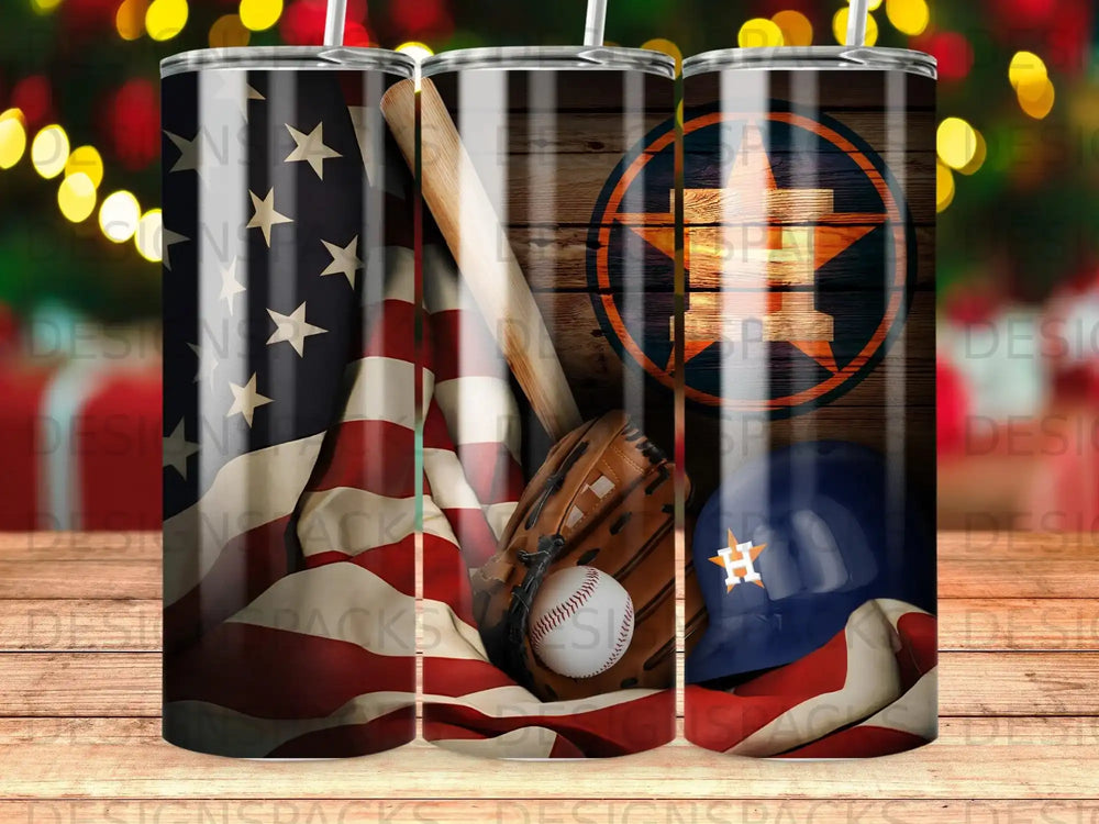 Houston Astros baseball helmet, glove, and American flag in a tumbler design.
