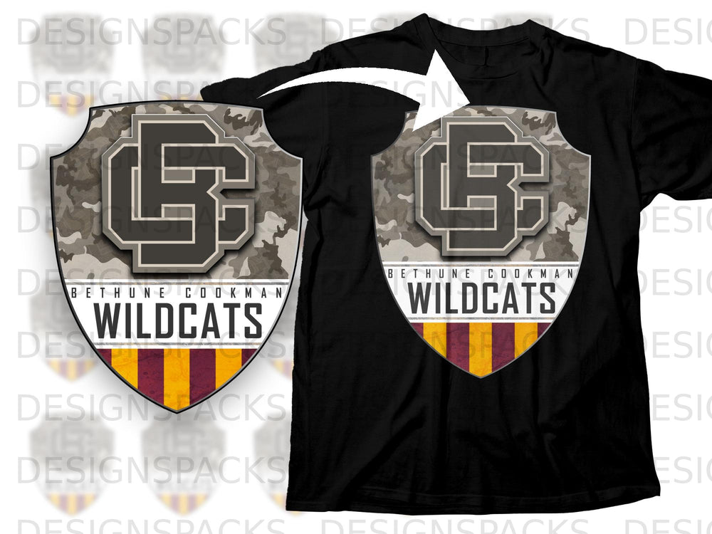 Black t-shirt mockup featuring a shield with camouflage, "BC" initials, "Bethune Cookman Wildcats."