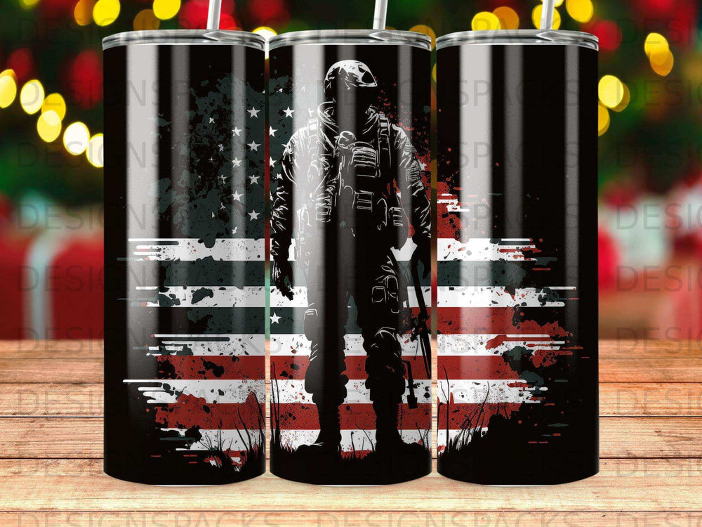 Soldier silhouette against distressed American flag and starry background.