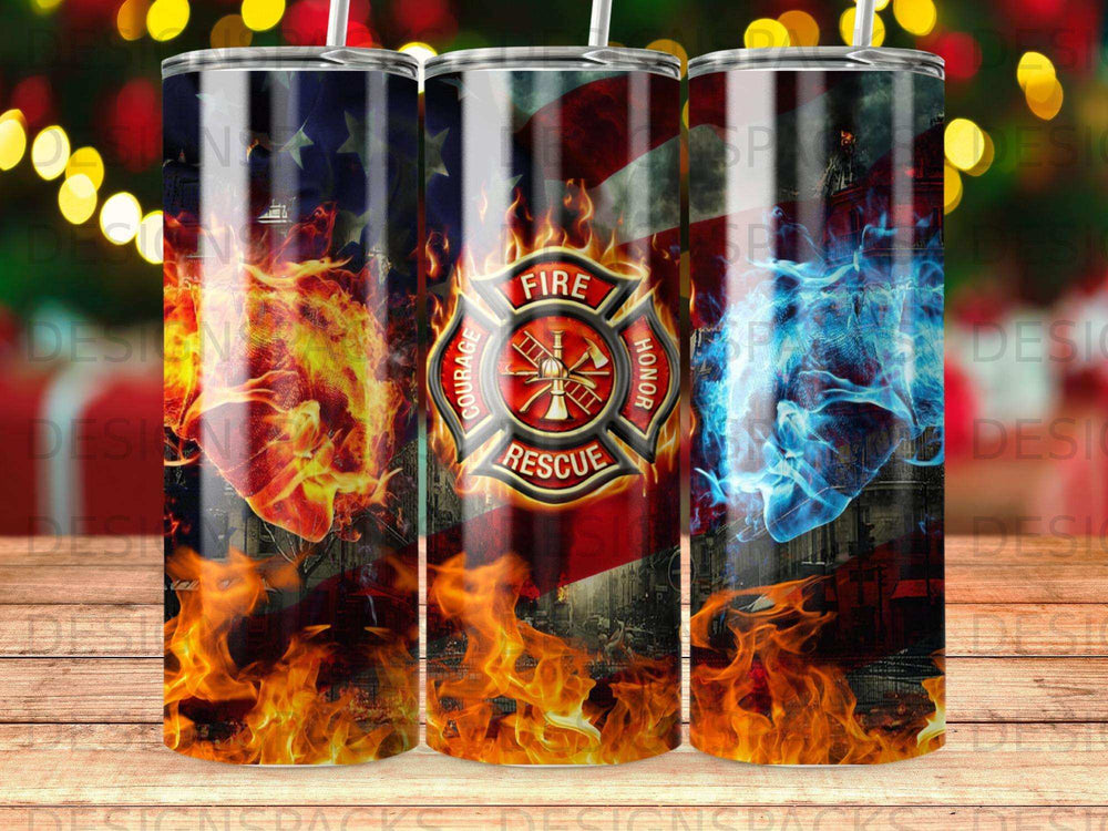 Firefighter emblem with flames and American flag on a tumbler.