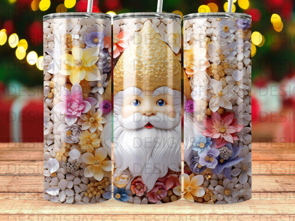 Santa Claus with golden hat and beard surrounded by flowers and pebbles.