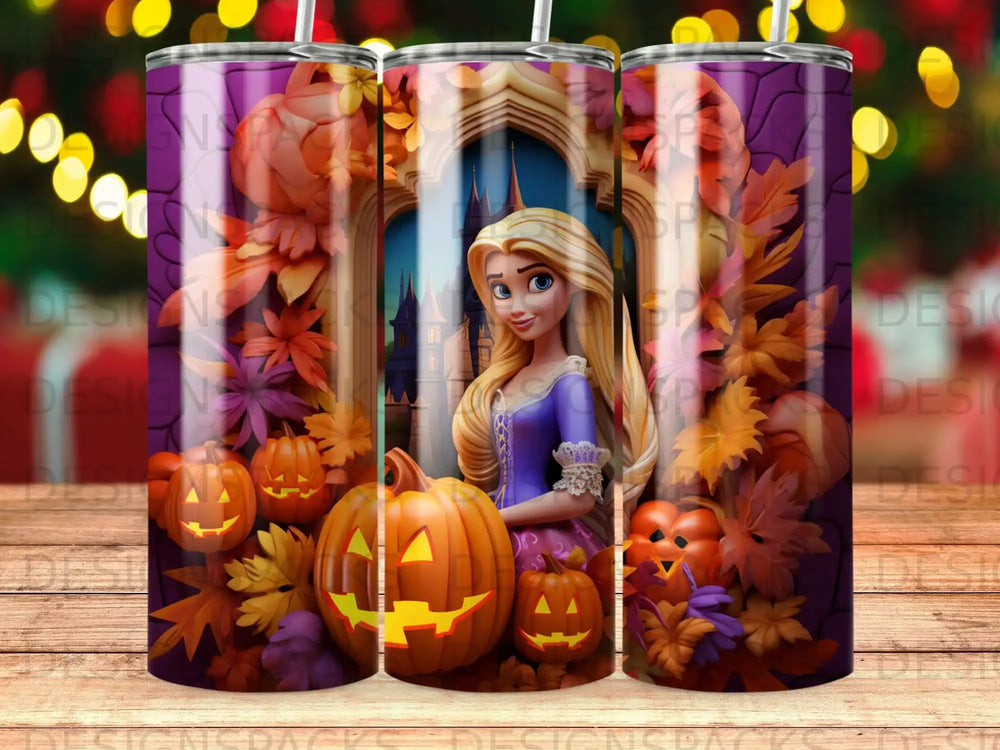 Rapunzel with pumpkins and autumn leaves against a castle backdrop.