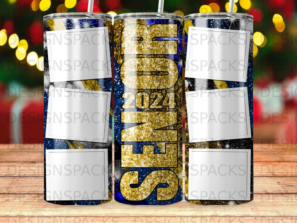 "2024" text with gold glitter on a blue and yellow striped tumbler.