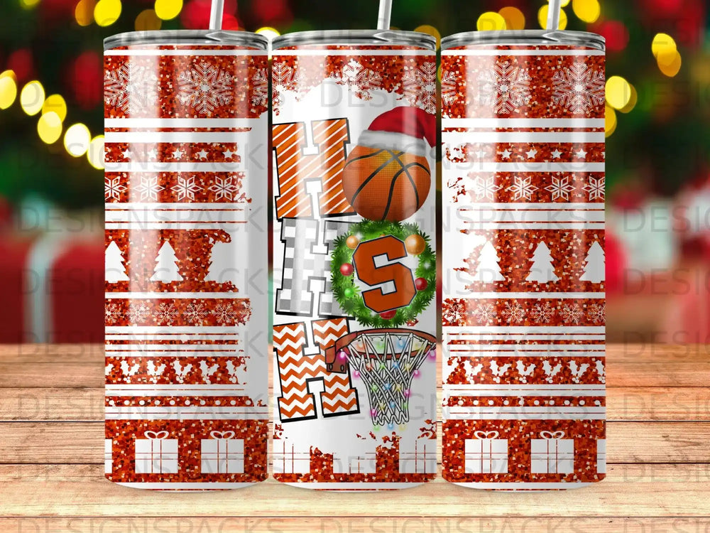 Christmas tumbler with basketball, Syracuse logo, and snowflakes.