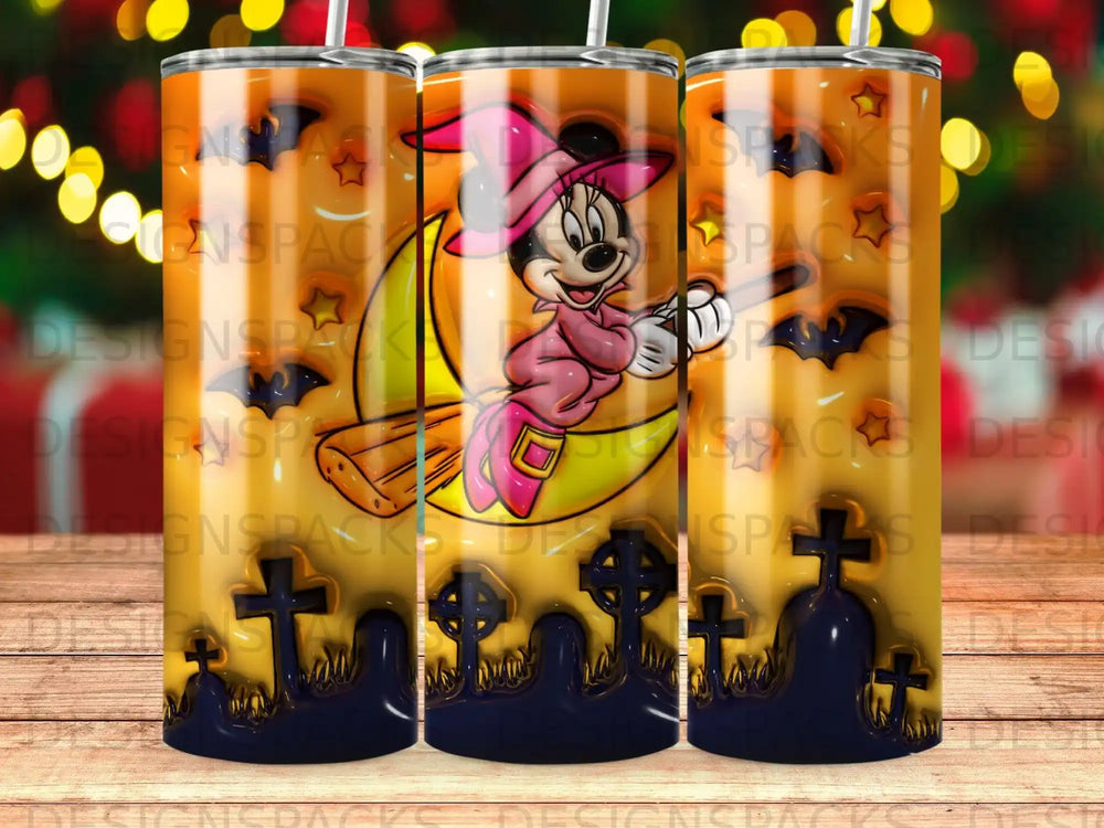 Minnie Mouse in a witch hat rides a broomstick over a graveyard.