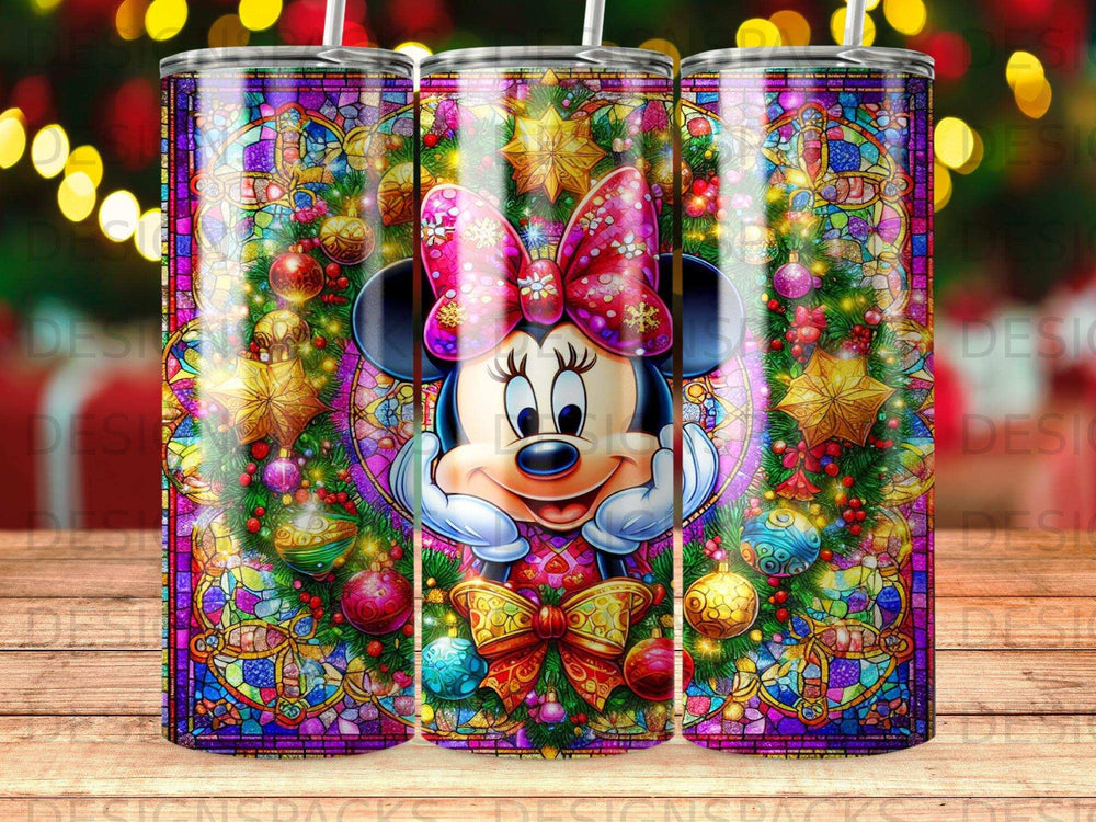 Minnie Mouse in stained glass with festive ornaments and fairy lights.