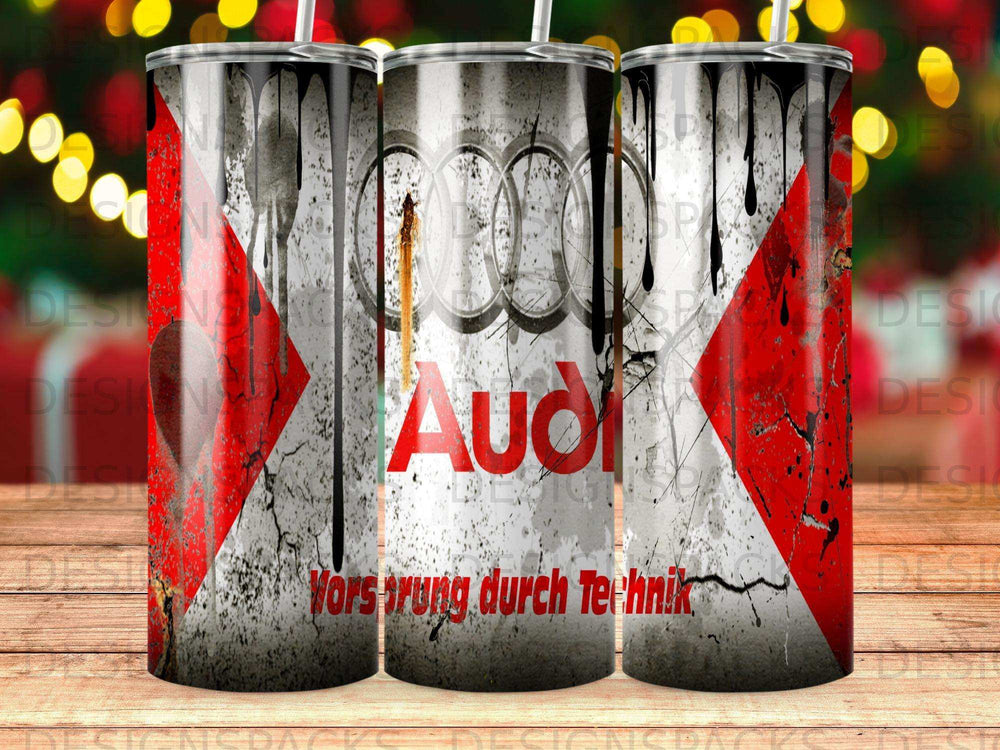 Audi logo and text with distressed red and black elements on a tumbler.