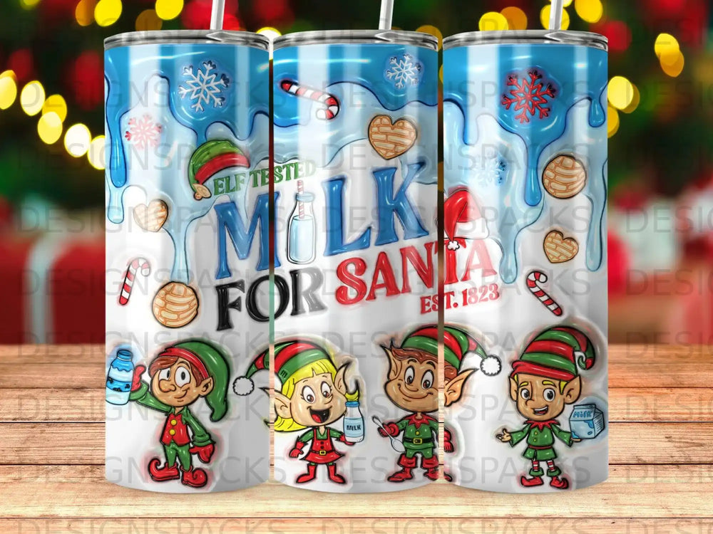 Elf-themed milk bottles and elves with "Milk for Santa Est. 1823" text.