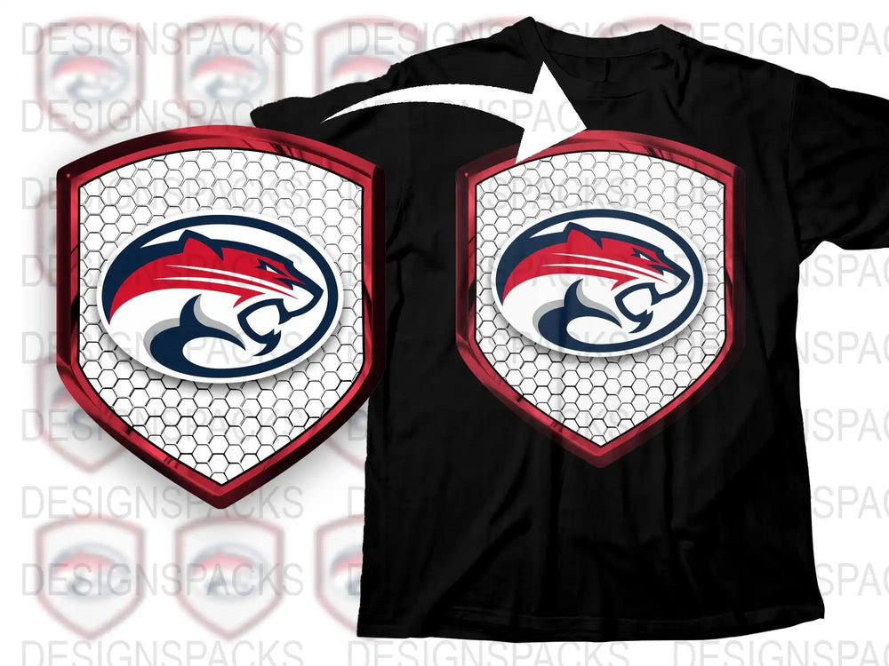 Shark Emblem Graphic T-Shirt, Stylish Navy and Red Shield Design, Casual Wear for Teens and Adults
