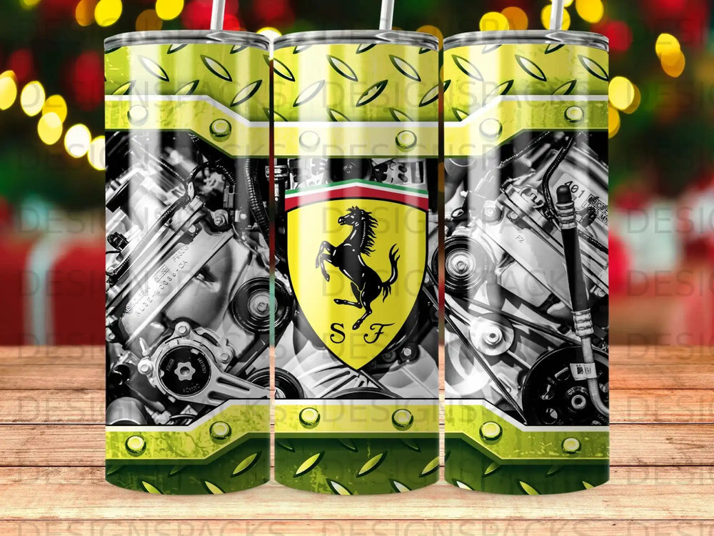 Ferrari SF logo on a detailed engine and diamond plate design tumbler.
