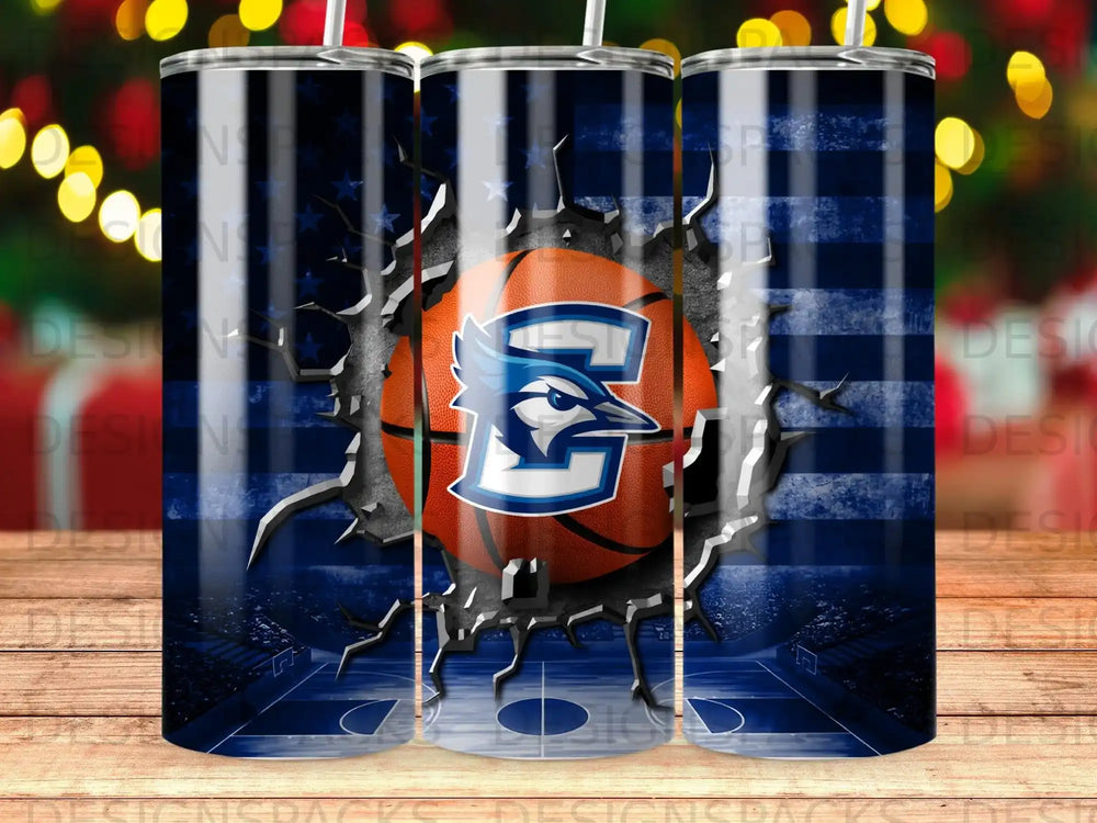 Basketball with blue jay logo cracks through American flag background.