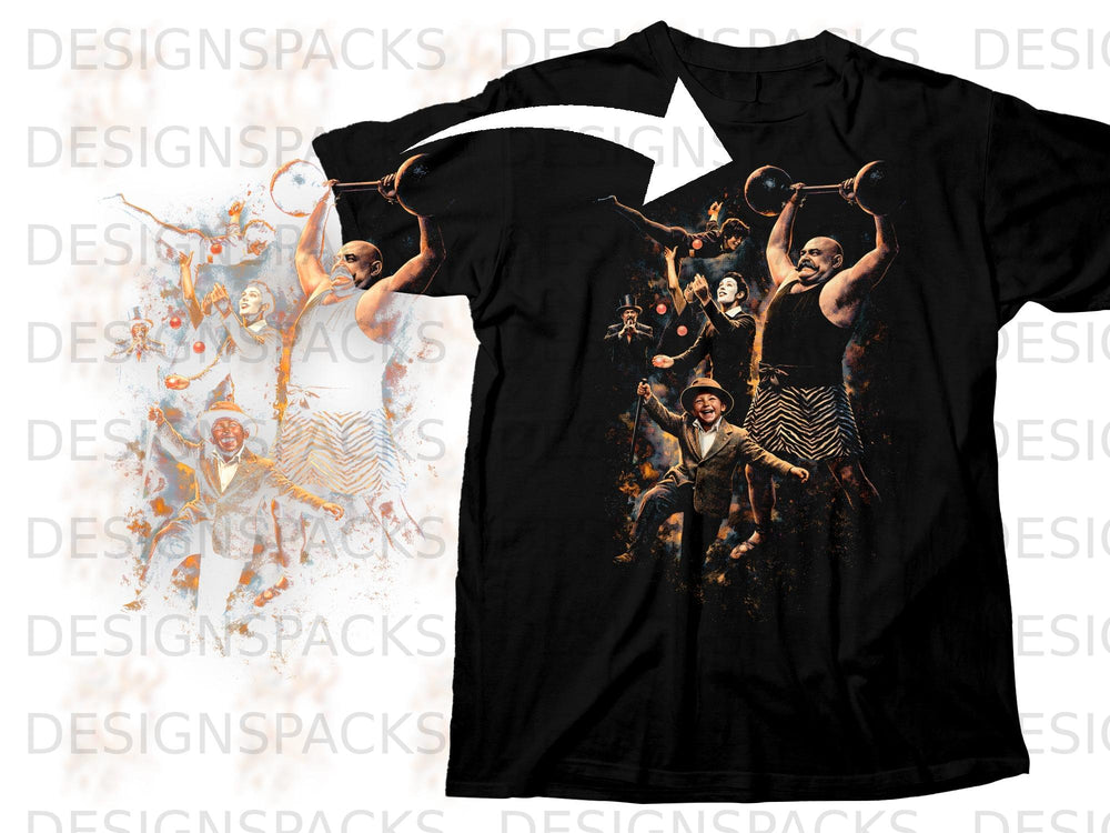 Black t-shirt featuring a vintage circus act illustration with a strongman and performers.