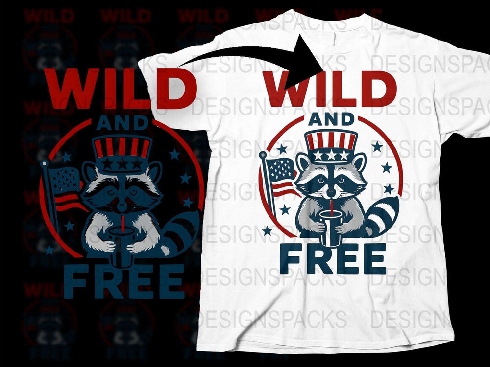 Wild and Free Raccoon T-Shirt, Patriotic American Flag Tee, Unique Animal Graphic Shirt, Novelty Independence Day Apparel