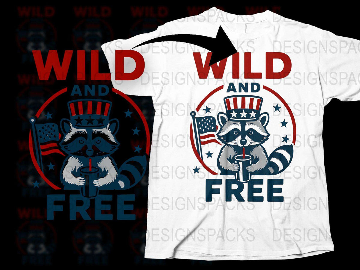 Wild and Free Raccoon T-Shirt, Patriotic American Flag Tee, Unique Animal Graphic Shirt, Novelty Independence Day Apparel