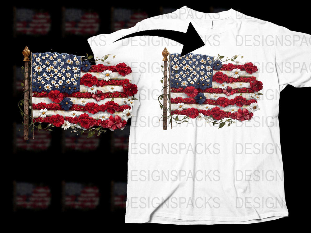 American Flag Floral Design T-Shirt, Patriotic Flower Arrangement Tee, Unisex Summer Fashion Top
