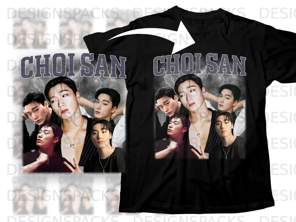 Black t-shirt with "CHOI SAN" text and collage of K-pop idol Choi San's photos.