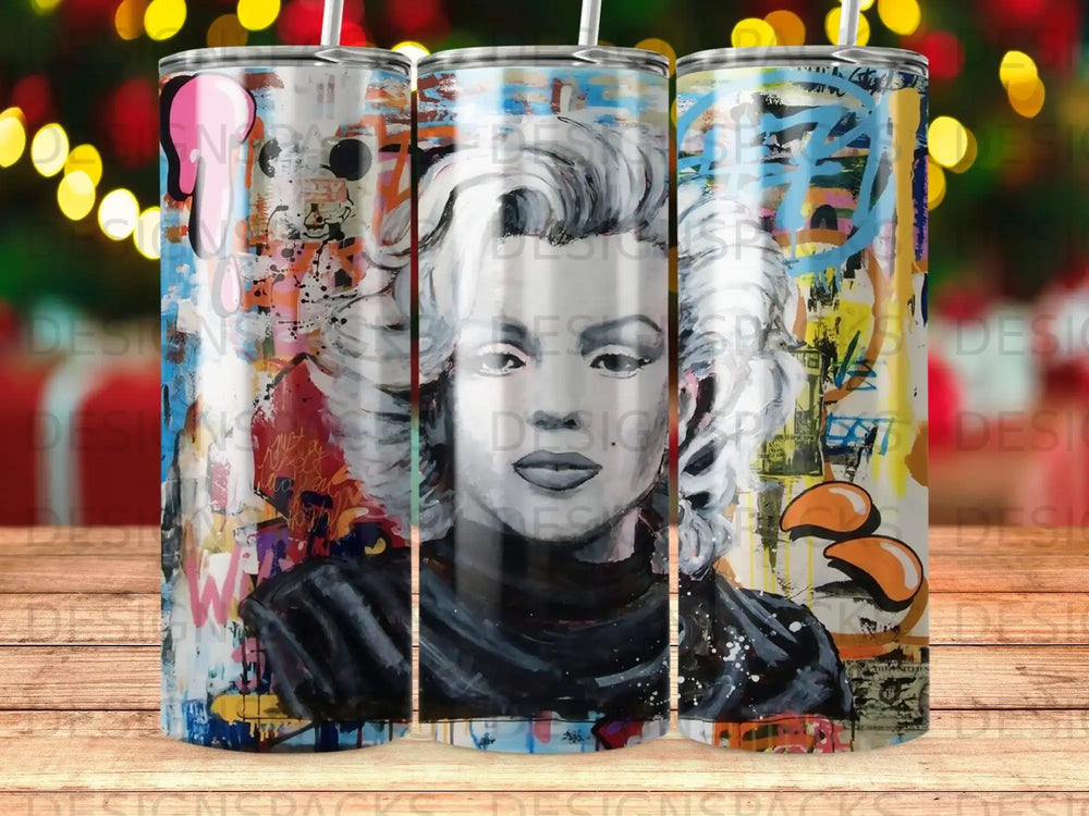 Marilyn Monroe portrait on a graffiti-covered tumbler.