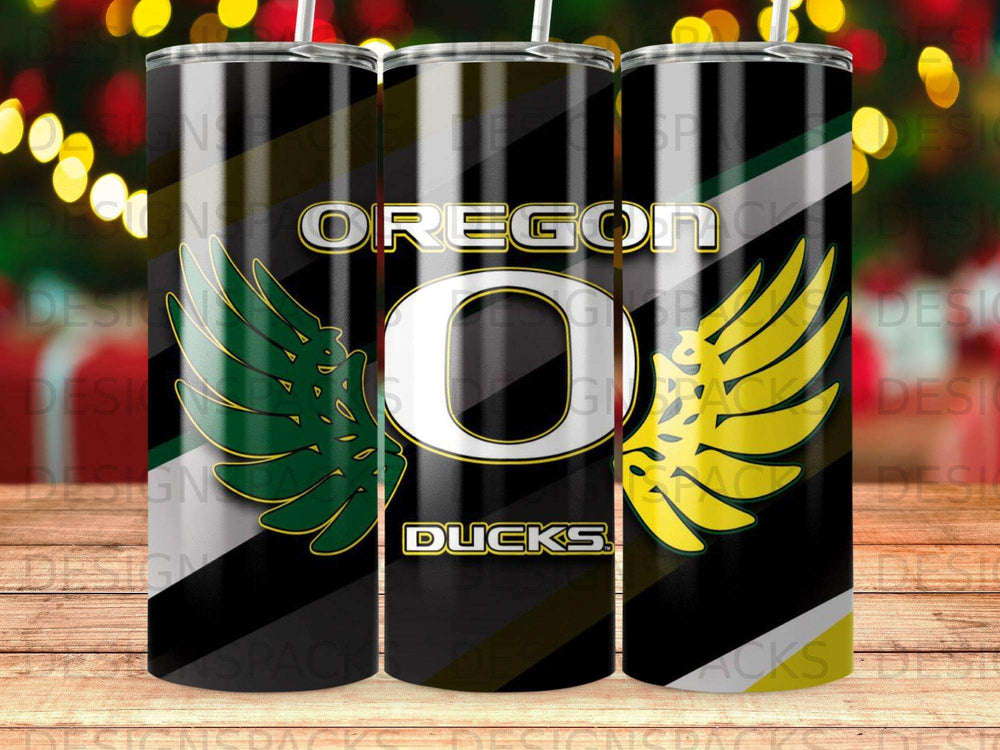 Oregon Ducks logo on a black, green, and white striped tumbler.