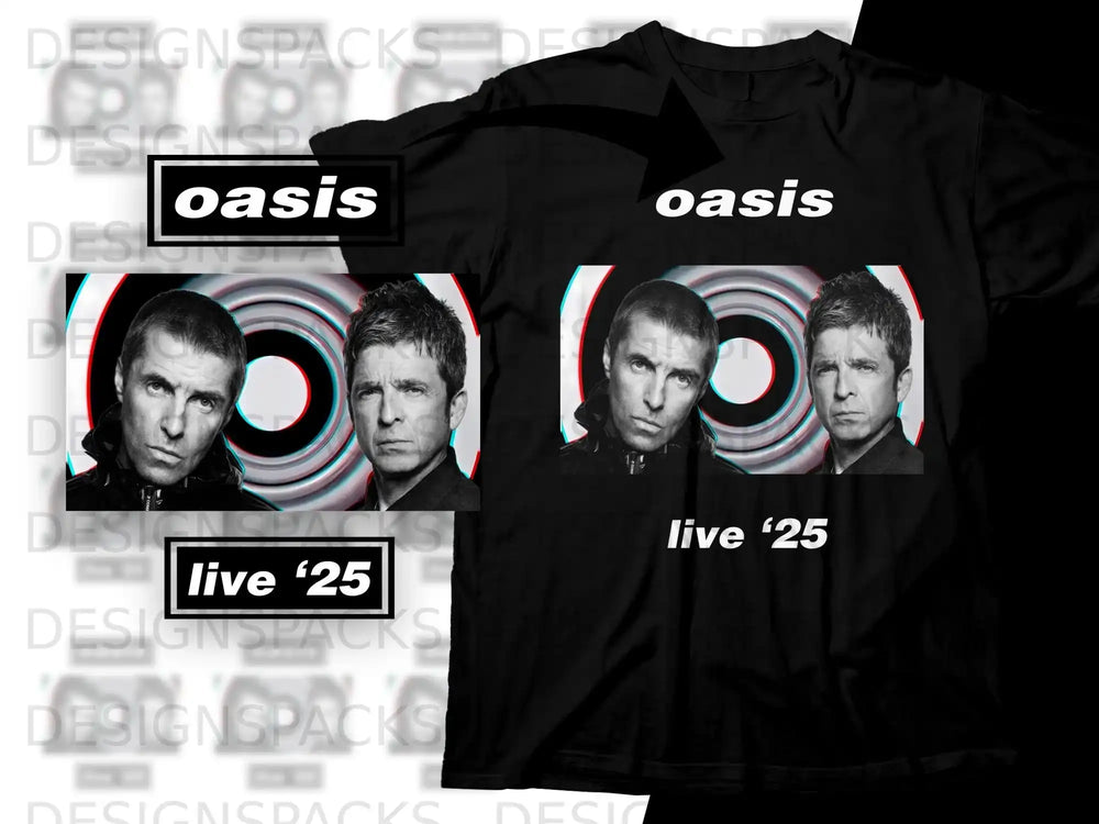 Oasis band members Liam Gallagher and Noel Gallagher on a black t-shirt.