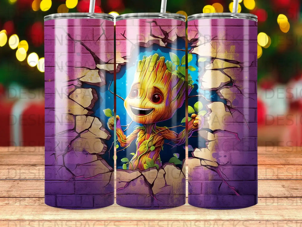 Baby Groot breaking through a brick wall with a mischievous smile.