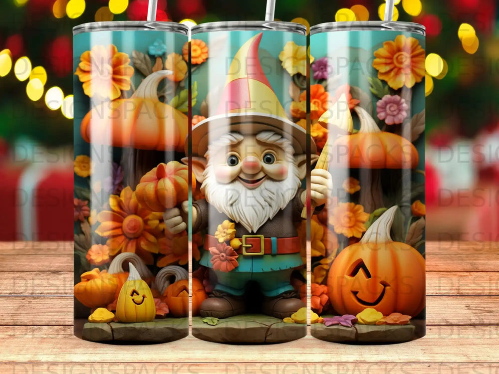 Gnome holding pumpkins with fall floral accents and bokeh background.