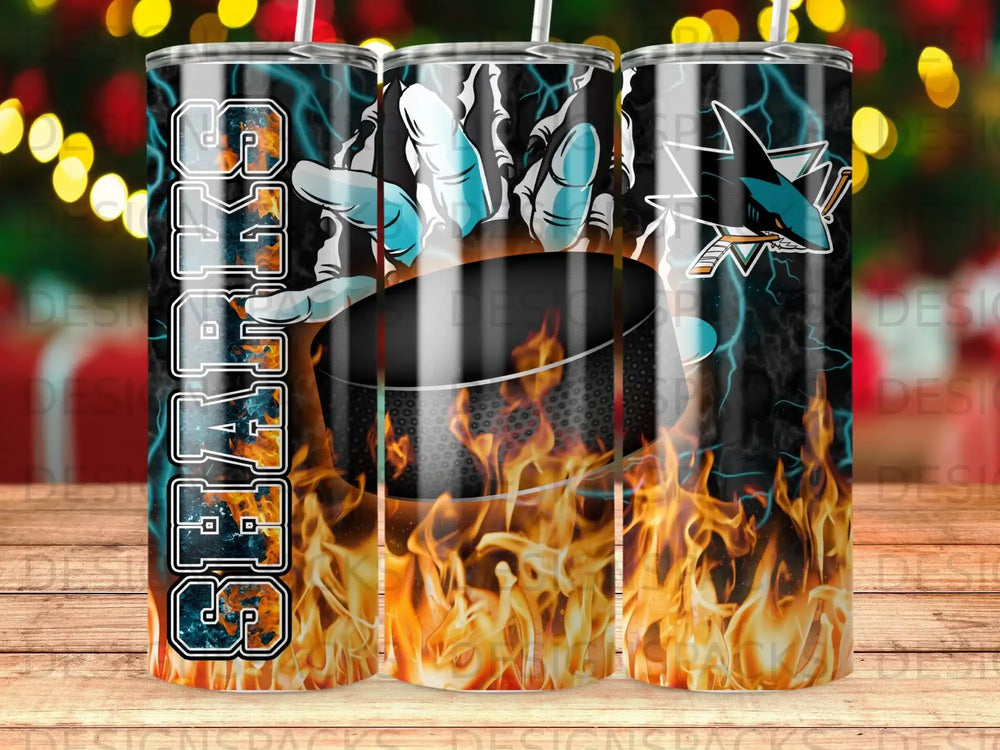 San Jose Sharks logo and team name on a fiery background tumbler.