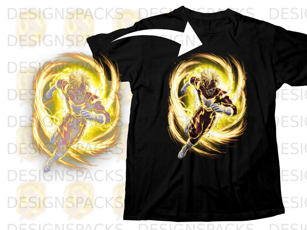 Black t-shirt with a graphic of a speedster surrounded by golden lightning effects.