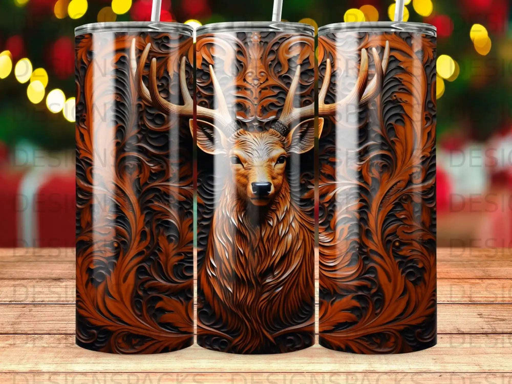 Wood-carved deer head on a dark, ornate background.