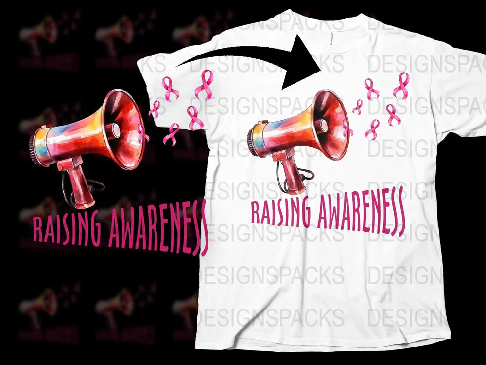 Breast Cancer Awareness T-Shirt with Megaphone Graphic, Pink Ribbon Design, Unisex White Tee