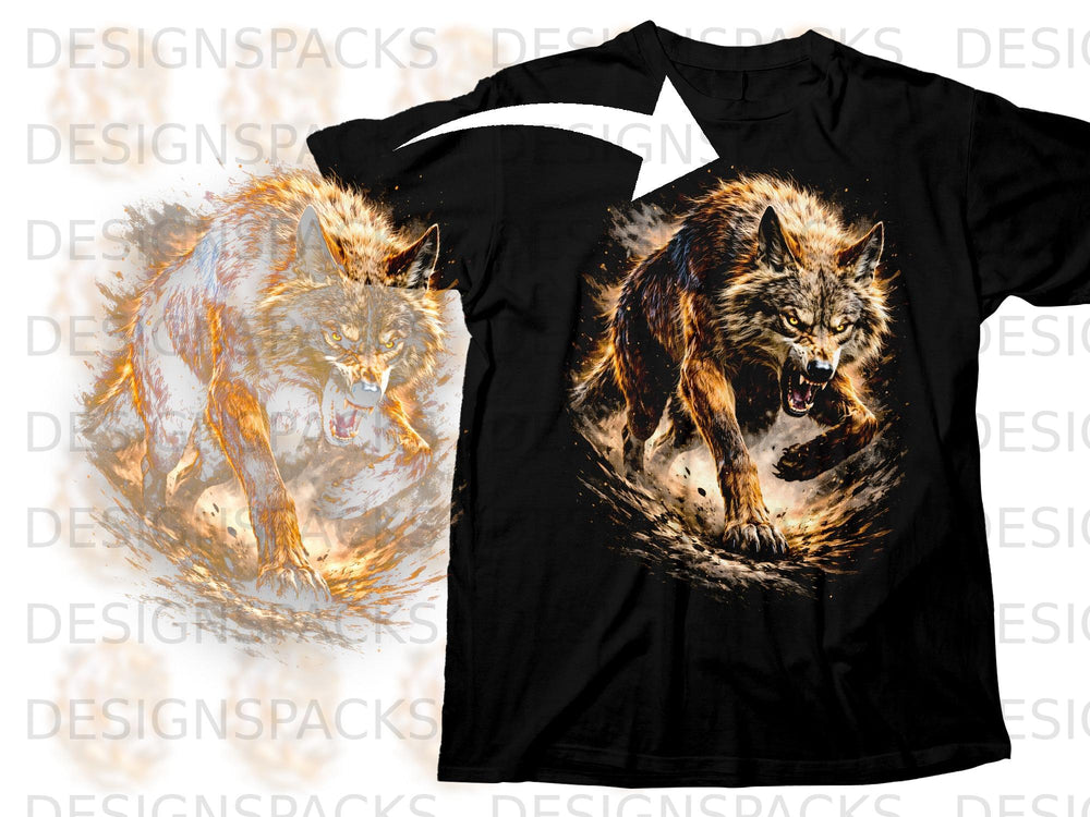 Black t-shirt with a fierce wolf graphic, outlined with fire and smoke.