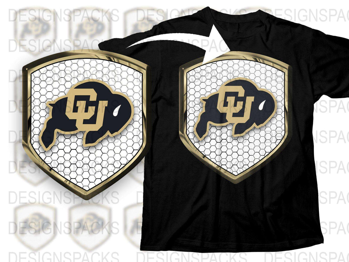 University of Colorado Boulder Logo T-Shirt, Black and Gold CU Buffaloes Tee, College Sports Apparel, Hexagon Pattern Design