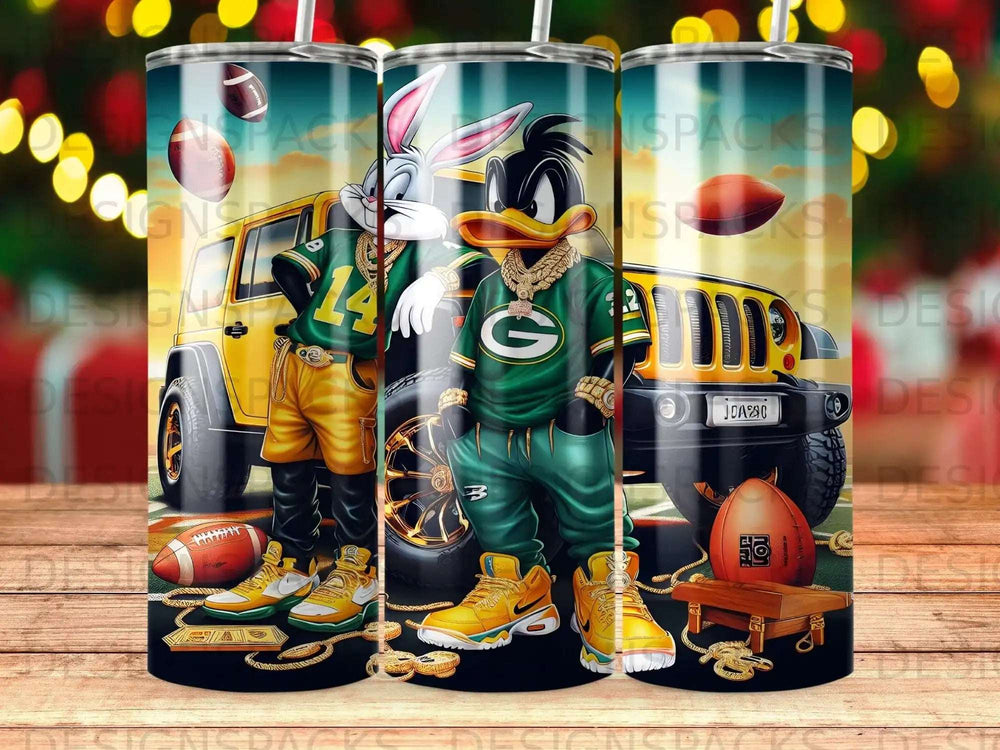 Bugs Bunny and Daffy Duck in green tracksuits next to a yellow Jeep.
