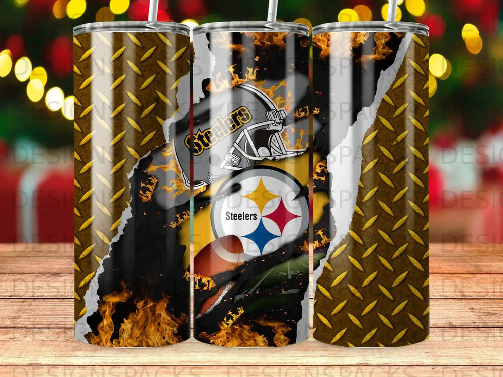Steelers helmet and football with flames on a diamond plate textured background.