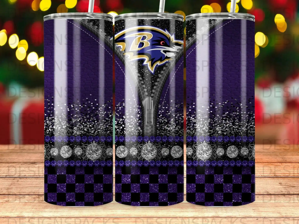 Baltimore Ravens tumbler with zipper, glitter, and checkered pattern.