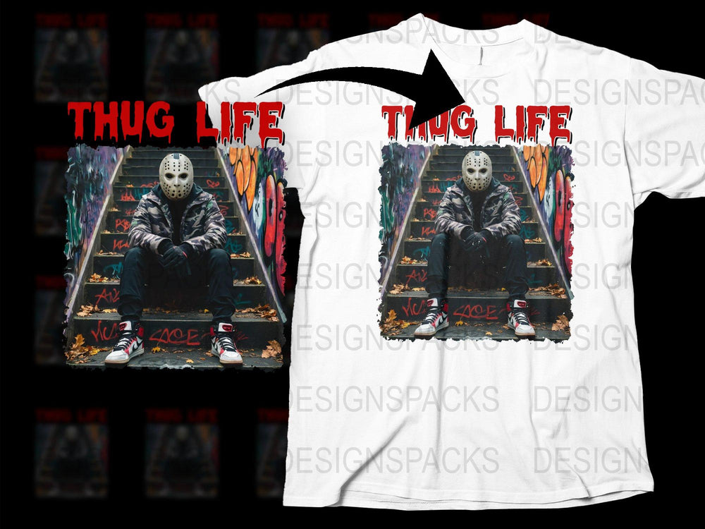 Thug Life Jason Mask Horror Movie Fan Graphic T-Shirt, Unisex Hip Hop Style Tee, Unique Streetwear Casual Top