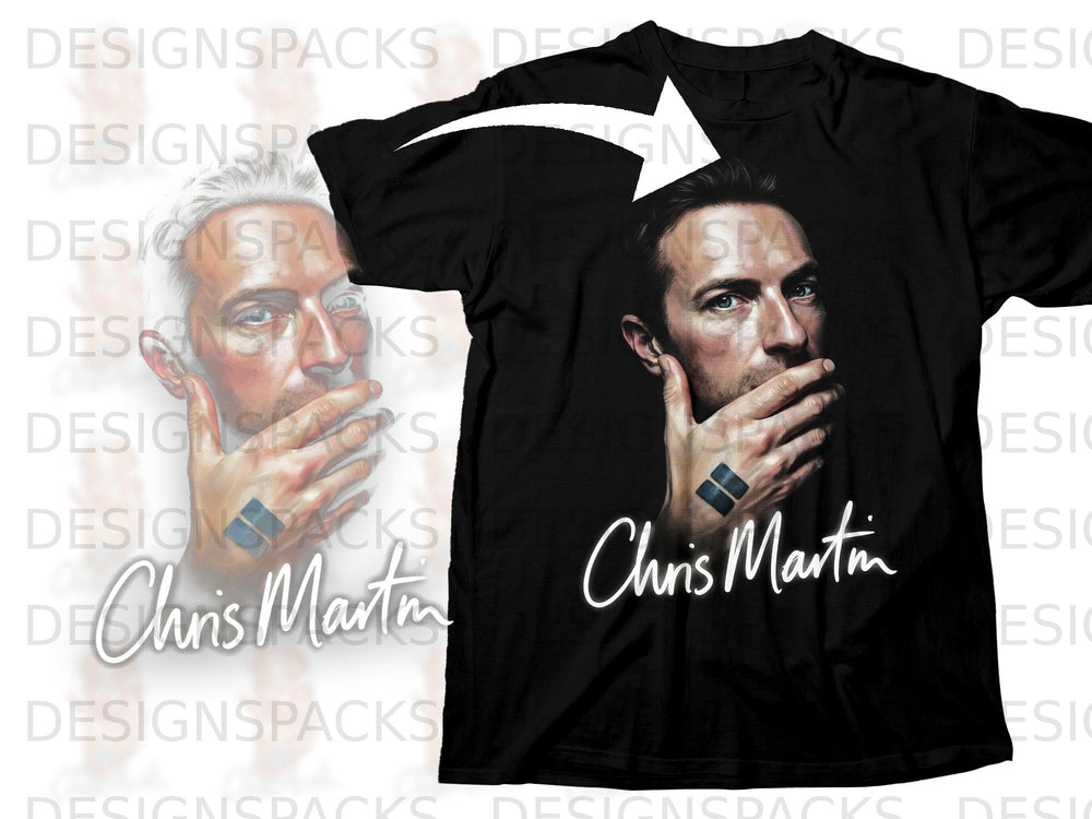 Black t-shirt with painted portrait and signature of Chris Martin.