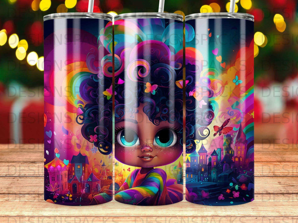 Cartoon child with curly hair and colorful outfit in a whimsical town.