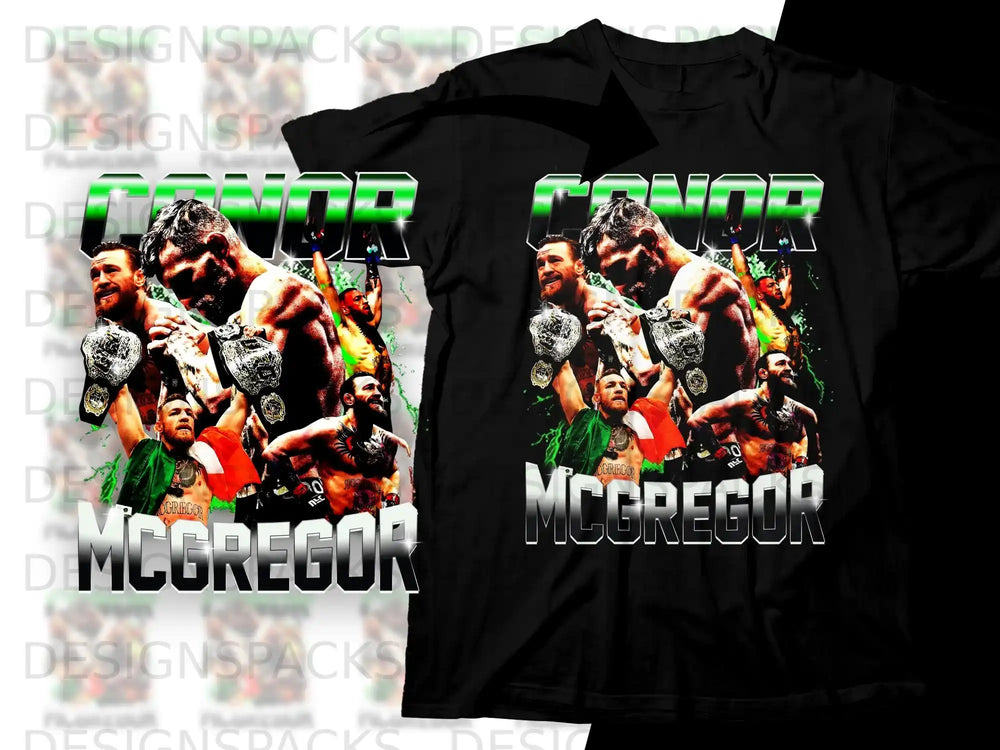 Conor McGregor fighting collage with championship belts and his name in text.